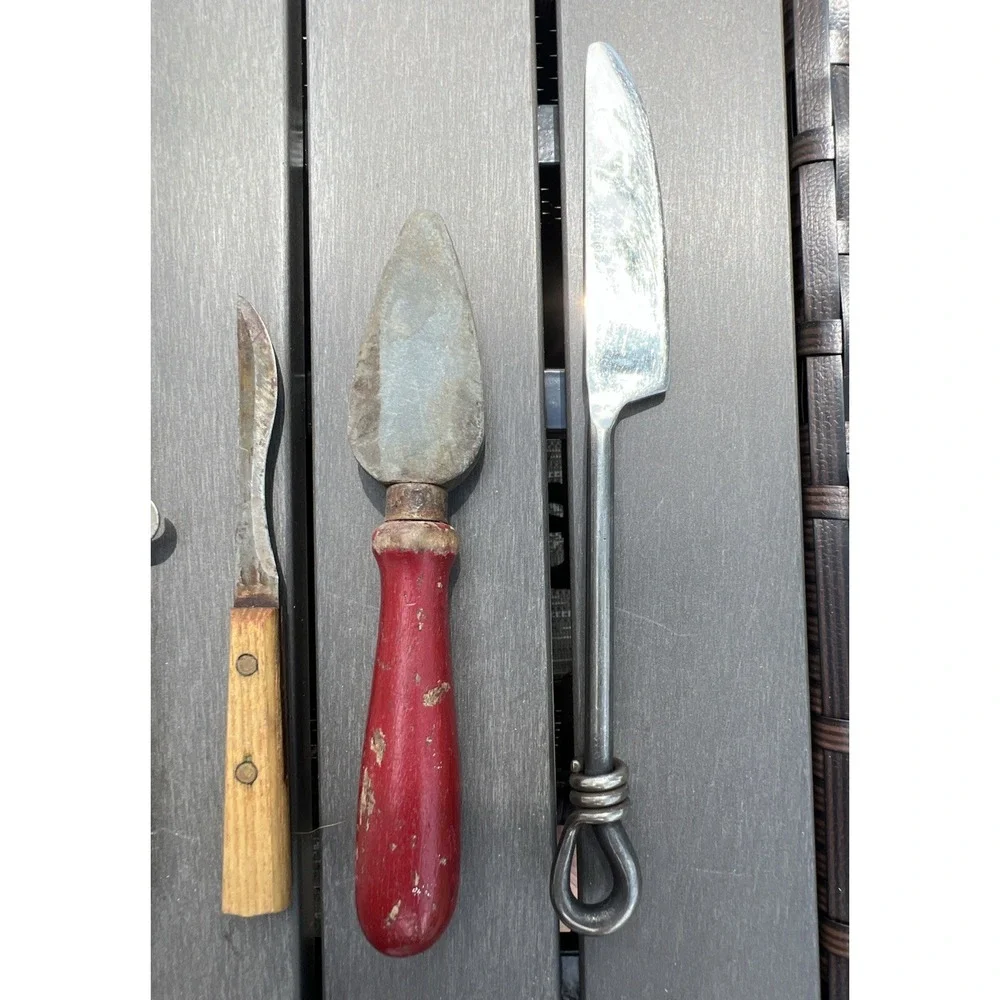 Lot Of 4 Vtg Antique Kitchen Gadgets Utensils Knifes Can Opener Sharpening Stone